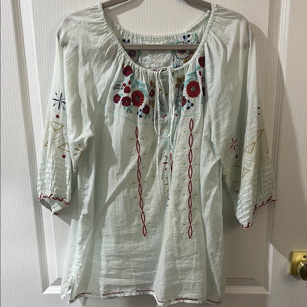 Johnny Was Embroidered Peasant Blouse Light Mint with Red Floral Detail